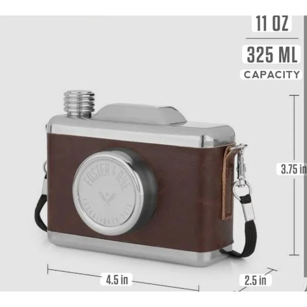 Foster&Rye Camera Flask Vintage Camera Hip Flask  11 oz Stainless Steel Leather